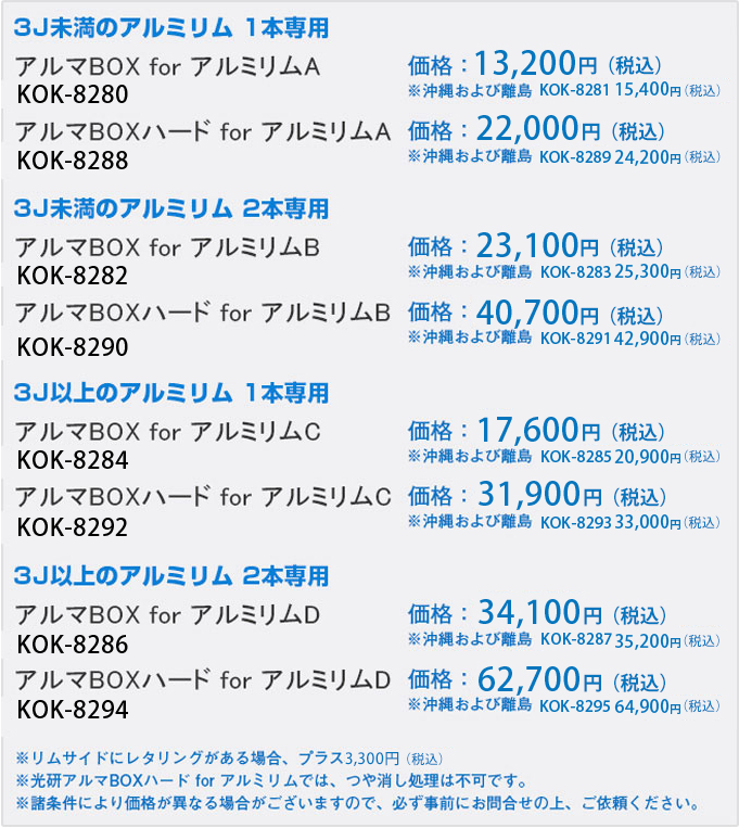 
		3J未満のアルミリム 1本専用
		アルマBOX for アルミリムA KOK-8086 価格：7,000円（税別） ※沖縄および離島 KOK-8087 ￥9,000（税別）
		アルマBOXハード for アルミリムA KOK-8094 価格：12,000円（税別） ※沖縄および離島 KOK-8095￥14,000（税別）
		